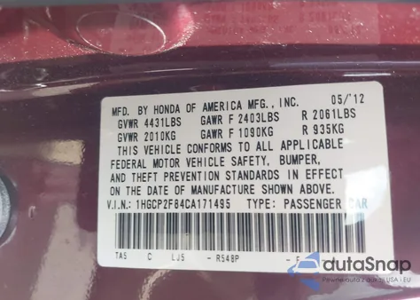 2012 Honda Accord 2.4 Ex-L z USA, uszkodzony, nr VIN 1HGCP2F84CA171495
